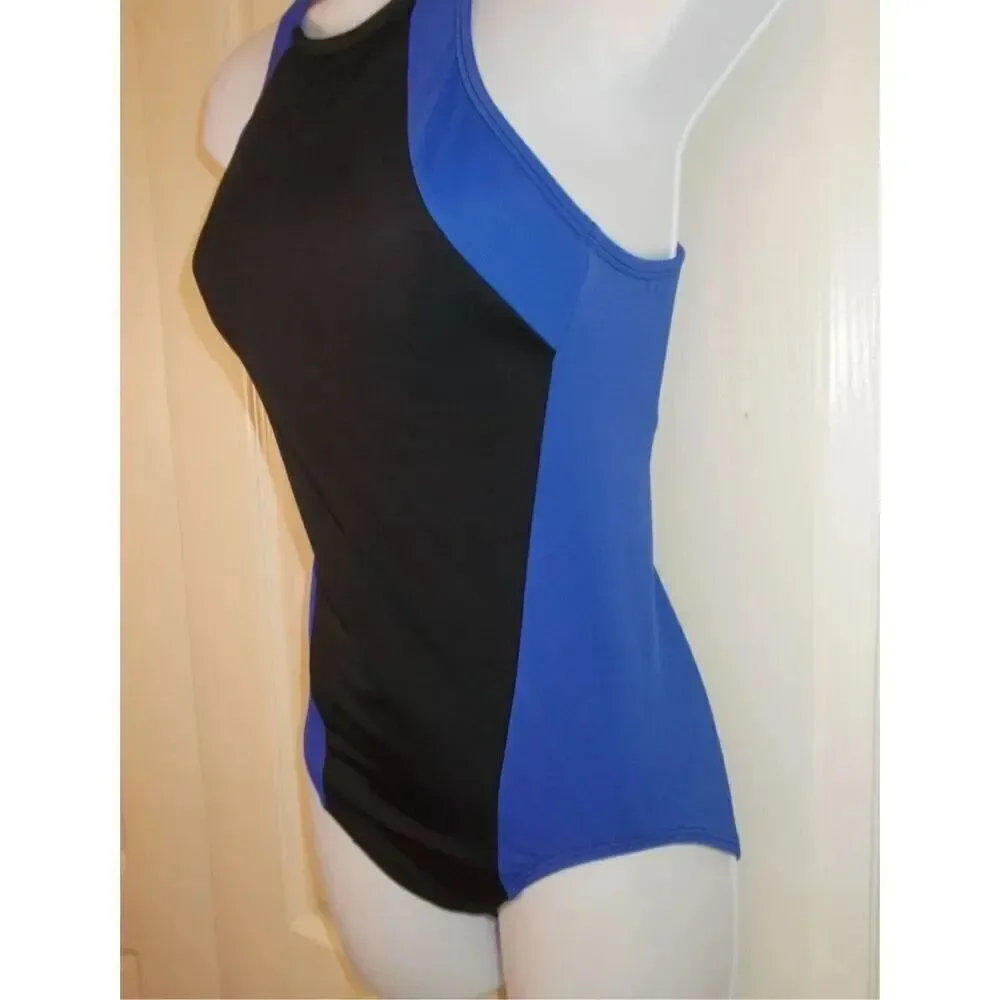 Land's End Size 12 High Neck One Piece Swimsuit Black Blue Colorblock Sporty